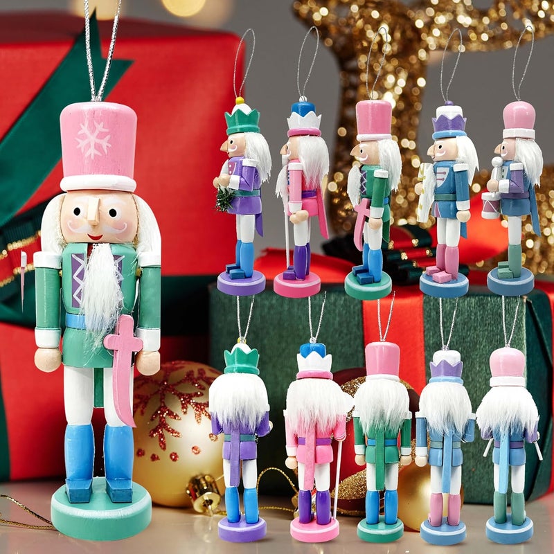 MicoSim Mini Nutcrackers Figures Wooden Christmas Decor, Hanging Nutcracker Ornaments for Xmas Tree, Wood Nut-Crackers Christmas Decorations for Festival Party (Macaron, 5PCS) - Image 4